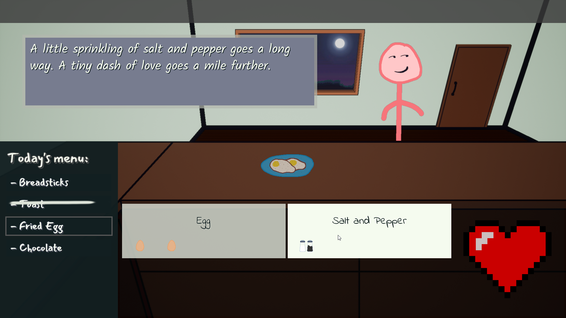 Screenshot of the finished game. The tutorial character is saying "A little sprinkling of salt and pepper goes a long way. A tiny dash of love goes a mile further."