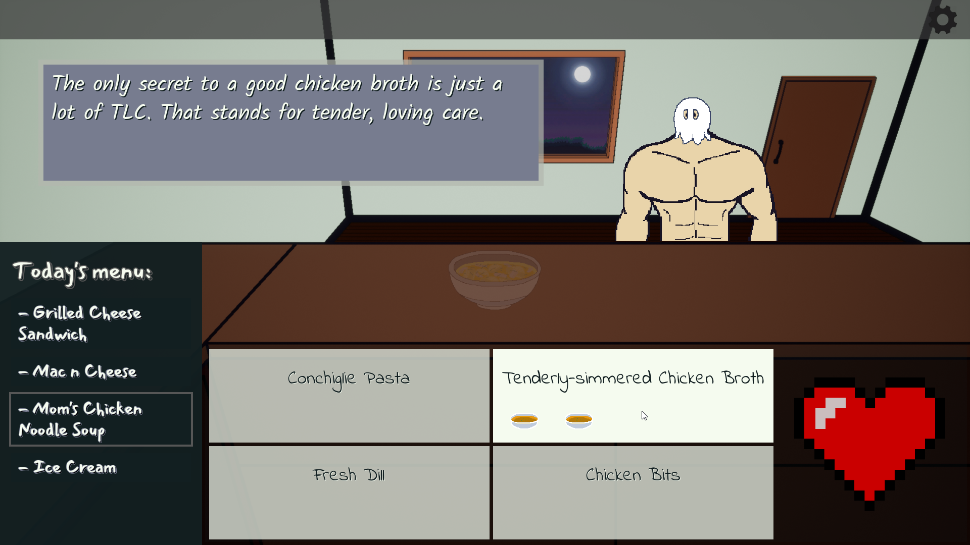 Screenshot of the game. The first character is saying "The only secret to a good chicken broth is just a lot of TLC. That stands for tender, loving care."